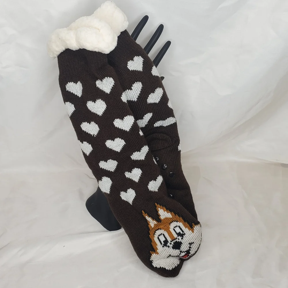◇ Sherpa Slipper Socks Brown with White Hearts Non Slip